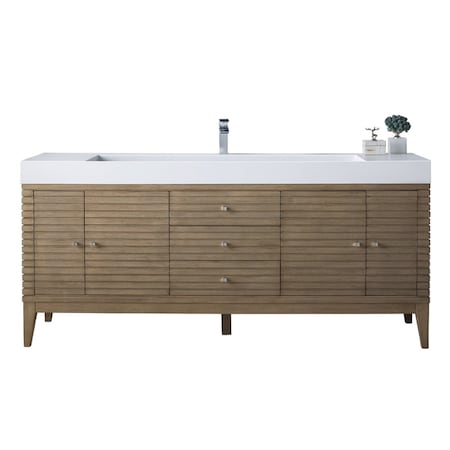 James Martin Vanities Linear 72in Single Vanity Whitewashed Walnut w/ Glossy White Composite Stone Top 210-V72S-WW-GW